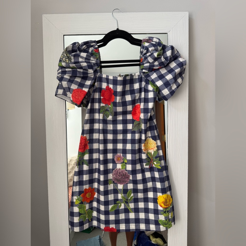 Cara Cara Navy Gingham Puff-Sleeve Floral Dress